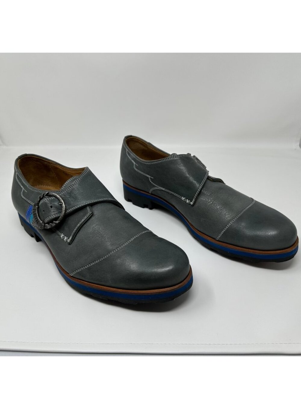 Fluevog Guardian Angel Benedict Shoes Size 10 Grey Blue w/ Monk Strap and Stripe